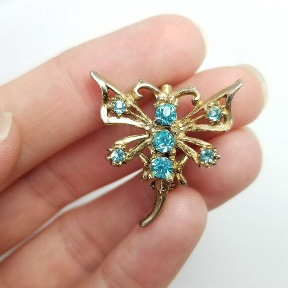 Vintage Little Blue Rhinestone Shaped Brooch, Gold Tone Insect Butterfly Moth - Picture 2 of 6